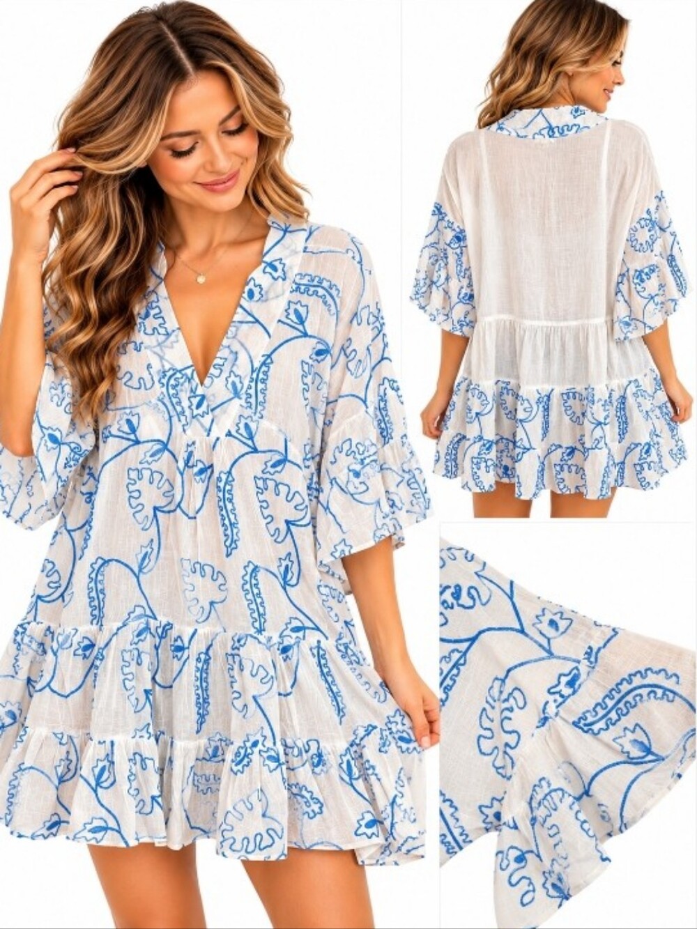 POL Blue Floral Embroidered Tiered Mini Dress Bell Sleeve Small